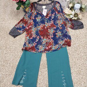 3382 Size XL Two Piece Sheer Top And Pull On Pants in Blue and Green.13"